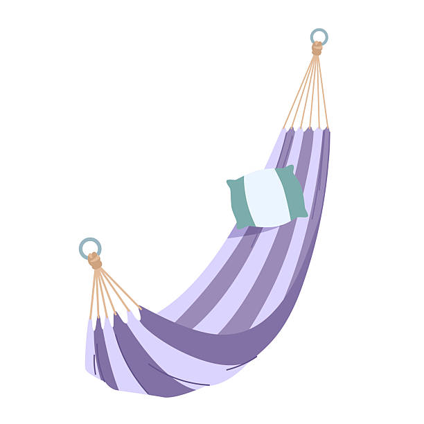 istock Blue fabric hammock with pink blanket hanging on two rings. Wool comfort wrap with fringe and hammock for summer recreation and rest in nature, suspended bed for sleeping cartoon. 2227223192