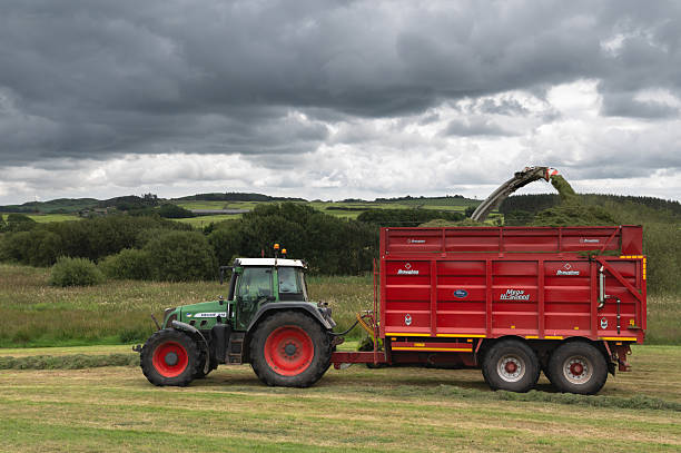 Castle Douglas, Scotland, UK - July 26, 2025: Agricultural machinery being used to collect freshly cut grass in a field in rural Scotland. The grass will be used to produce silage which will feed livestock during the winter months.