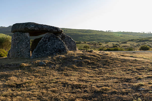 A large rock structure sits in a field of dry grass