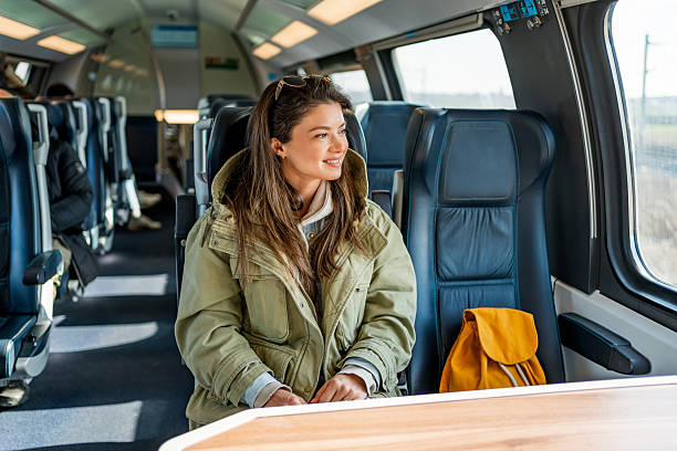 istock Young woman looking through window during train journey 2227229841