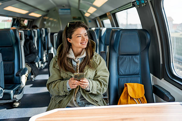 istock Young woman using smartphone while traveling by train 2227230513