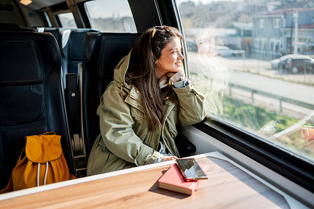 istock Young woman looking through train window while traveling 2227230670