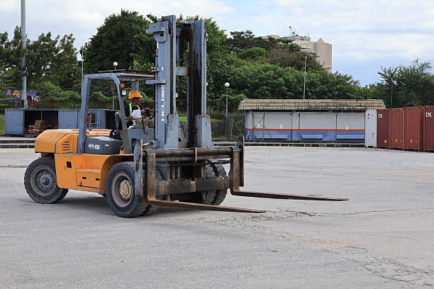 Conceptual 3D rendered forklift holding up sign that reads HELP.