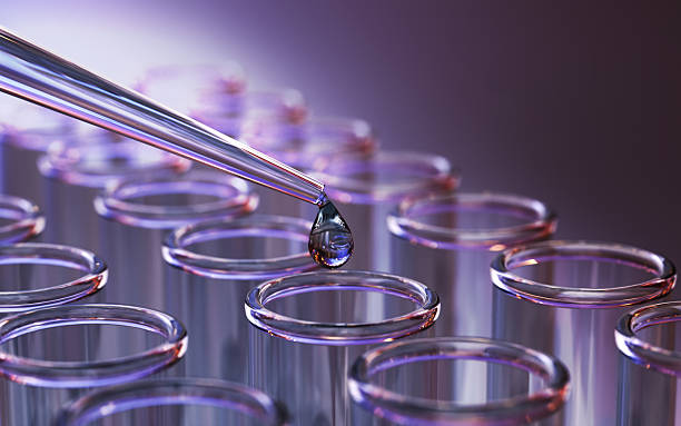 3d render Testing Liquid from Glass Pipette to Test Tubes on Purple Reflective Background, Laboratory and Medical Concept (Depth Of Field)