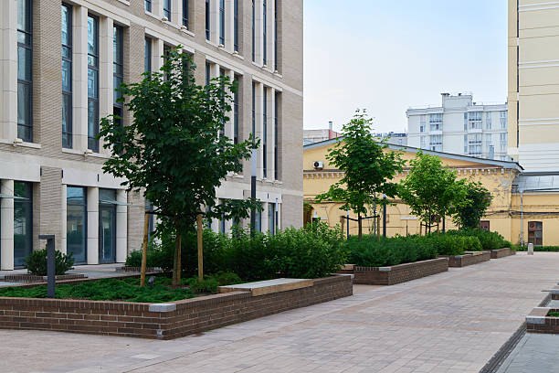 A chic urban scene showcasing lush trees and beautifully landscaped areas set within a vibrant city environment