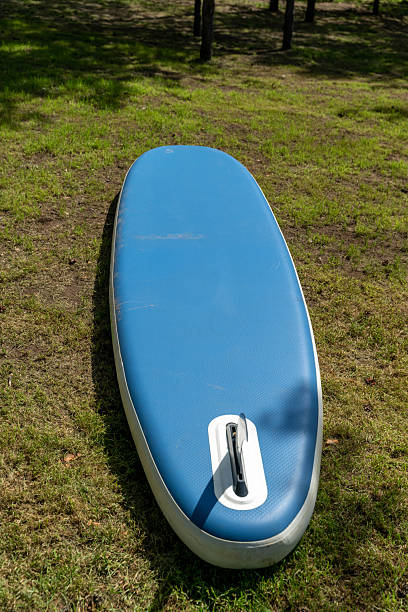 istock Inflatable stand up paddle board lying on grass in shady park 2227239546