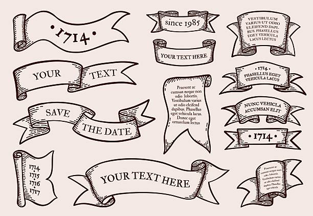 Ribbon banners. Retro hand drawn label, old line flag elements, scroll frame antique shapes. Copy space for text. Emblem and label decoration. Placards old tapes. Vector antique design isolated set