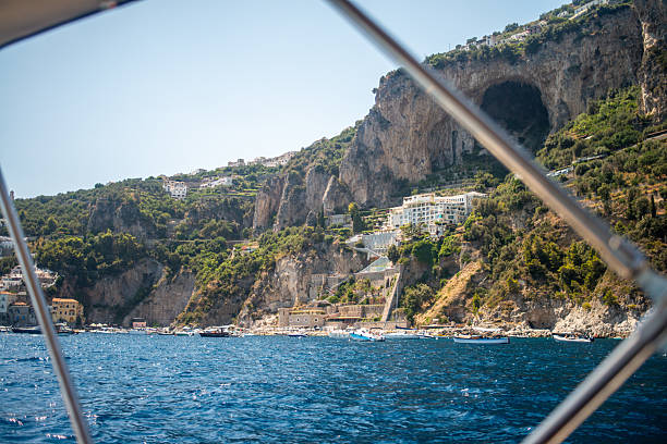 A breathtaking view of the Amalfi Coast showcasing dramatic cliffs, crystal-clear blue waters, and charming coastal architecture.