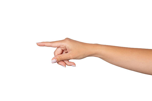 istock Caucasian woman's hand making pointing hand gesture, isolated on white background 2227249477