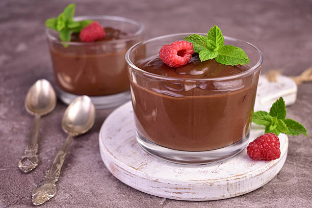 istock Chocolate mousse with raspberries in glass cups on a gray background. 2227255175