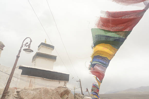 Flutters sutra streamer. China, Tibet, the Buddhist scriptures written on the flag, Spituk Monastery, also known as Spituk Gompa or Petup Gompa, is a Buddhist monastery located in the Leh district of Ladakh, India,