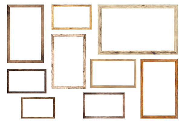 istock Set Classic Old Vintage Wooden mockup canvas frames isolated on white background. Blank Beautiful and diverse subject moulding baguette. Design element. Use for framing paintings, mirrors or photo. 2227266675