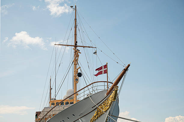 the royal danish ship  Dannebrog against a blue sky in the harbour of Copenhagen, July 17, 2025