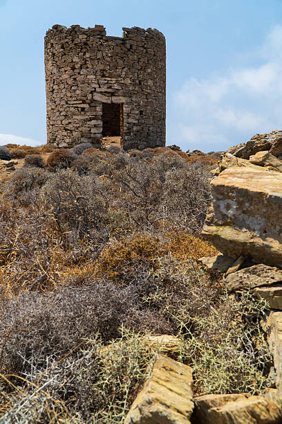 Ancient watch towers above Tholaria Greece, Cyclades Island chain, Greece