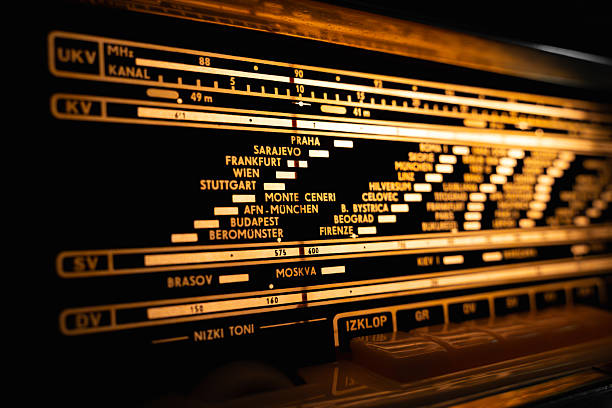 Close-up of a vintage radio receiver showcasing a captivating display of european city names, evoking a sense of nostalgia