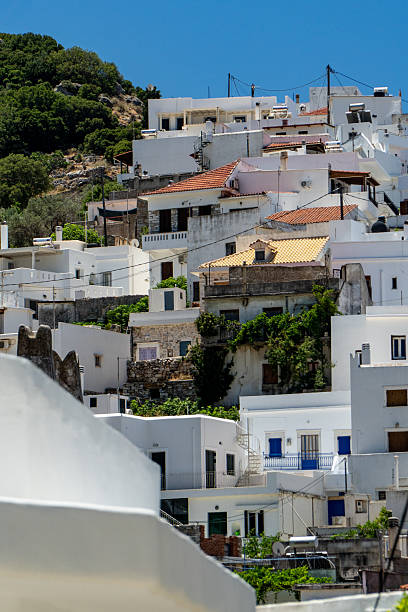 Scanned slide of a historical color photograph of Fira, a village on the island of Santurin, an island of the Greek Cyclades in the Mediterranean Sea in sunny weather