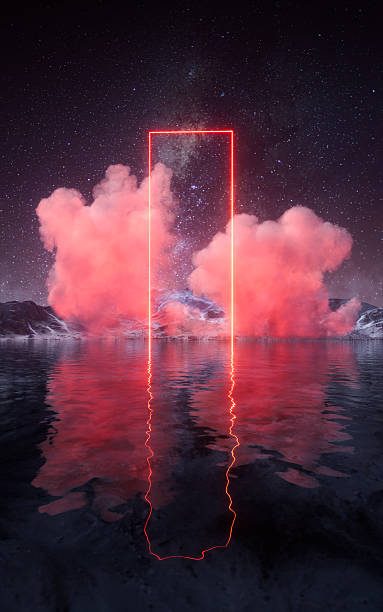 istock Glowing neon lines and smoke over the lake, 3d rendering. 2227296025