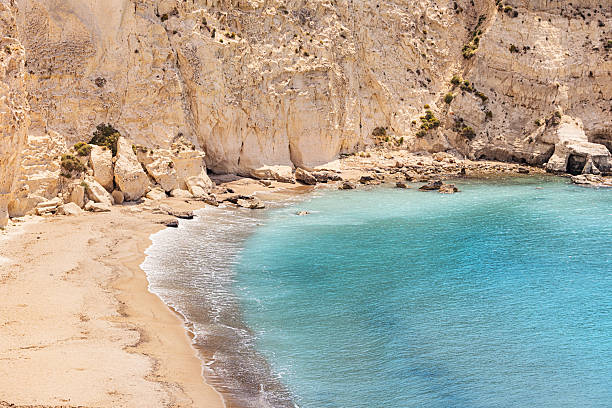 Crystal clear turquoise water gently lapping against a secluded sandy beach nestled beneath towering white cliffs