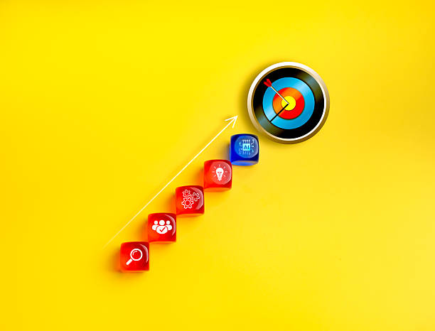 istock Goal and success, action plan with smart assistant tools technology concept. Arrow rising to big modern 3d target dart on cube steps with AI ship icon and business strategy symbols, yellow background. 2227308263