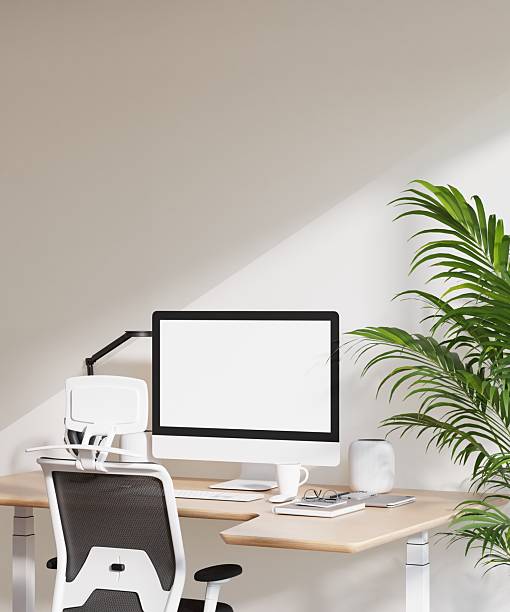 istock Poster Frame Mockup with Computer Screen in Modern Minimalist Home Office Interior 2227312023