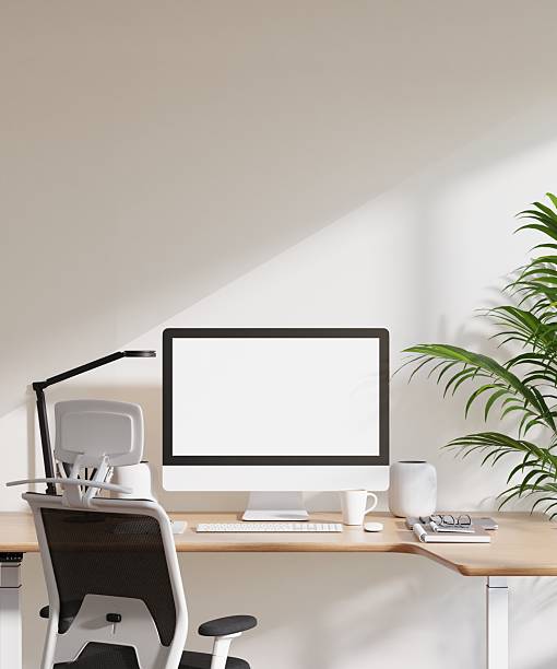 istock Poster Frame Mockup with Computer Screen in Modern Minimalist Home Office Interior 2227312050