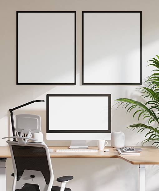istock Poster Frame Mockup with Computer Screen in Modern Minimalist Home Office Interior 2227312051