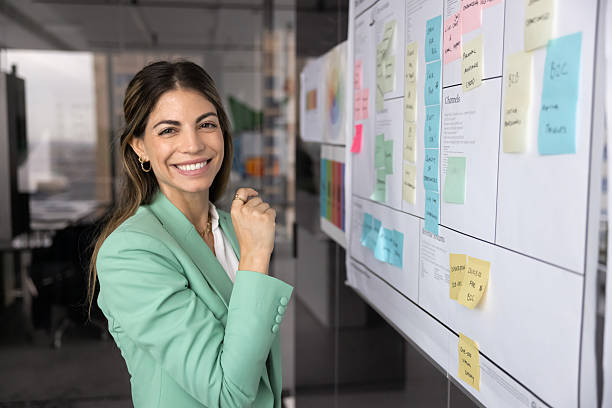 istock Cheerful young Hispanic company CEO woman using scrum management 2227313429
