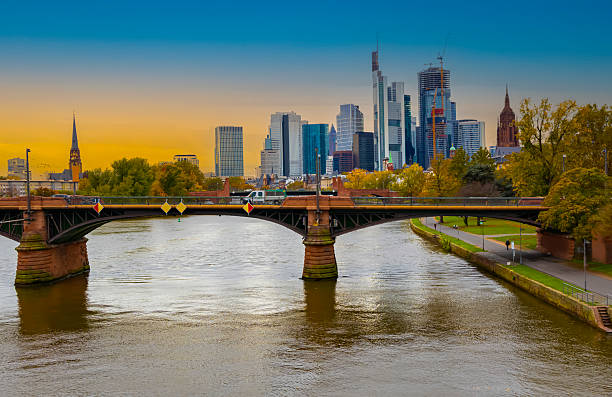 Frankfurt am Main. Image of Frankfurt am Main skyline during twilight blue hour.