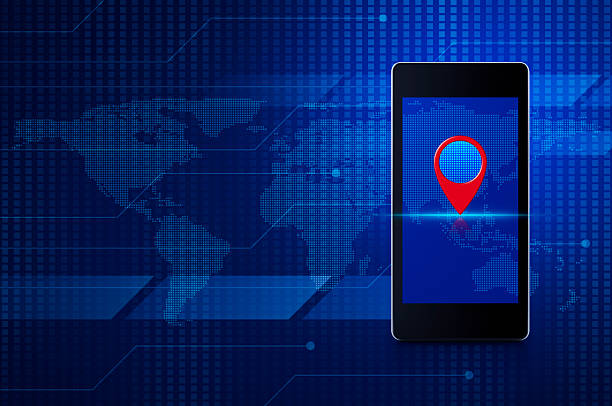 Map pin location button on modern smart mobile phone screen over digital world map technology style, Map pointer navigation online concept, Elements of this image furnished by NASA