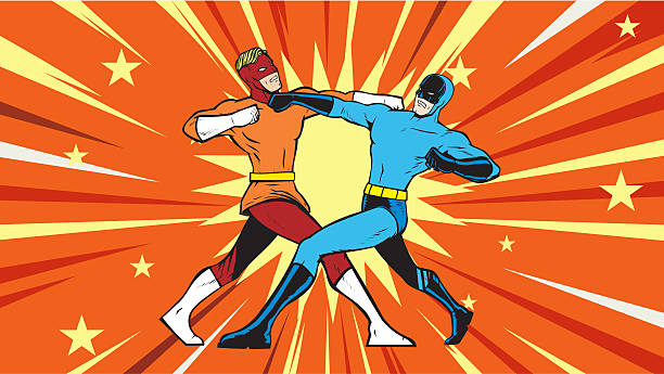 A retro golden age comic style vector illustration of two superheroes fighting each other. Wide space available for your copy. Put some text on the superhero chest. Perfect for a meme. No generative AI was used.
