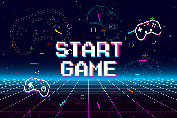 istock START GAME. pixel art .8 bit game. Retro Futurism Sci-Fi Background. glowing neon grid. and stars from vintage arcade computer games 2227327807