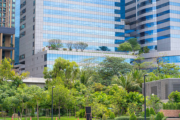 istock Green city park with modern office building 2227328419