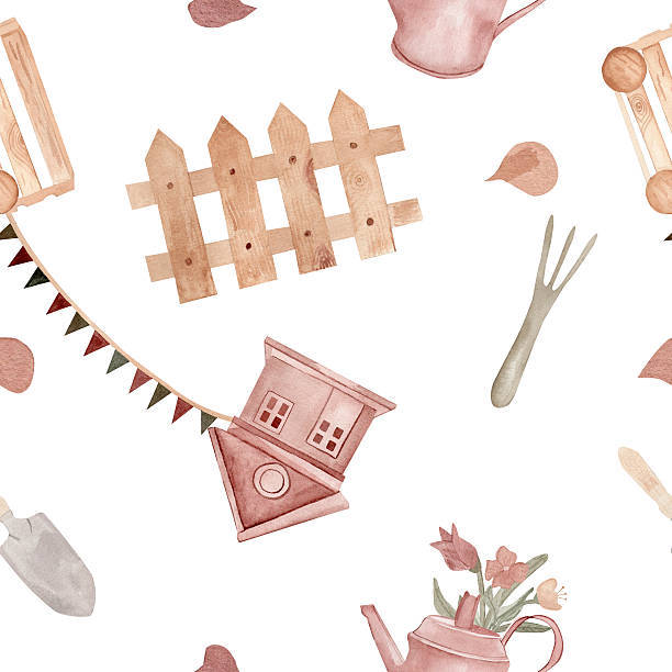 Watercolor hand drawn garden-themed seamless pattern with tools, a birdhouse, picket fence, flowers, and bunting. Ideal for fabric, wrapping paper, gardening decor, and springtime stationery