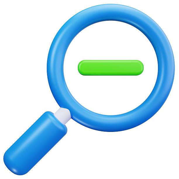 3D illustration of a magnifying glass with a minus sign, symbolizing zooming out, decrease, or reducing view