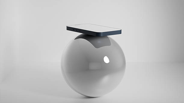 Smartphone with white screen on glossy gray ball in minimalist interior, mockup template concept for mobile app or design