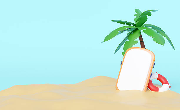 3D render of a tropical beach scene with a palm tree, a blank smartphone for copy space, and a lifebuoy on sandy ground under a clear blue sky. Ideal for summer, holiday, and travel themes.