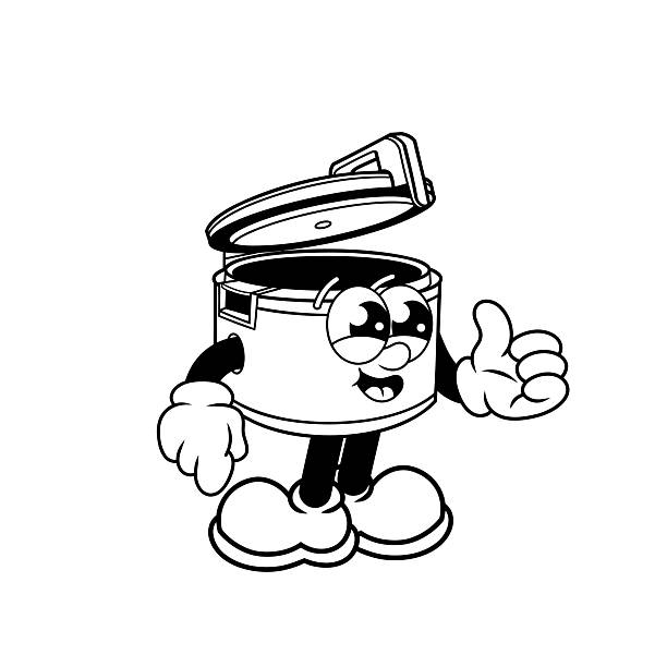 Retro character design of cheerful rice cooker outline, retro character, cute character, character sticker