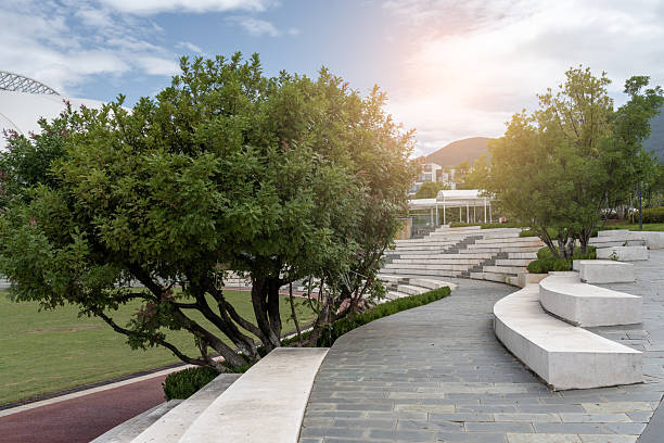 This is a green belt in an urban park, integrating trees, plants, trails, and buildings. It can be used for garden design, real estate promotion, home decoration, and sustainable lifestyle purposes, providing natural and elegant visual materials.