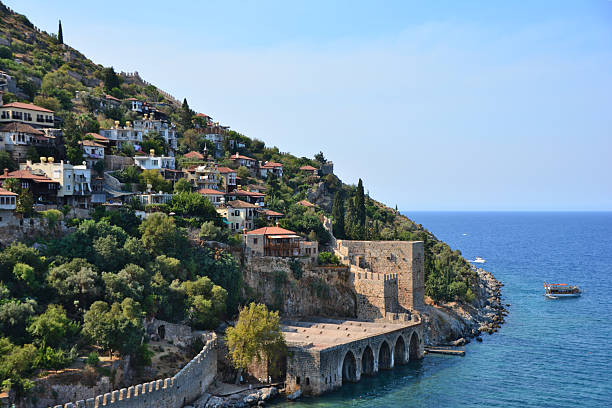 Coastal Fortress and Cliffside Village Under a Clear Sky copy space