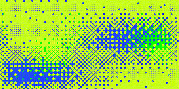 Halftone blue and green comic background. Noise grid gradient monochrome design cover. Grain glitch pixel overlay. Dots chaotic wide banner. Vector abstract gradation illustration.