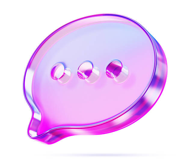 3d glass holographic speech bubble icon with pink purple gradient. Rainbow crystal talk box with text message of dots. Isolated chat, dialog, comment, quote, web notification symbol. 3D illustration