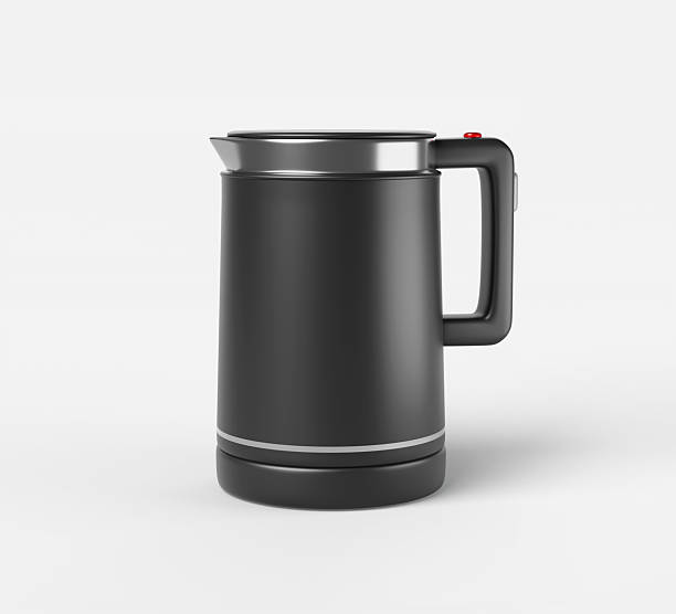 istock 3d plastic electric kettle icon render. Black silver hot water boiler for coffee or tea. Kitchen appliance fast boil, teapot with button, indicator light isolated on white background 2227338141