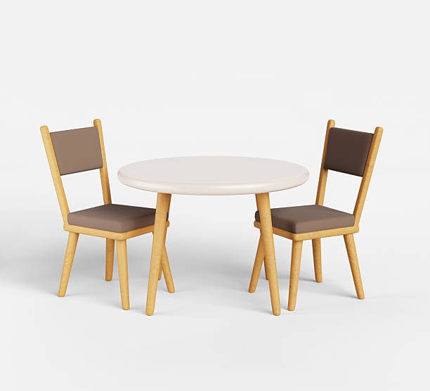 istock Kitchen round table with chairs 3d render set. Dining desk with white countertop and soft seats with wooden legs. Isolated restaurant, home, cafe furniture, modern wood interior decor 2227338142