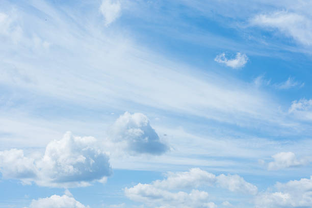 Bright and peaceful view of a blue sky filled with scattered, fluffy white clouds. Concept for backgrounds, relaxation, freedom and nature