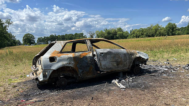 istock Burnt passenger car. Poland, Wroclaw. 2227340265