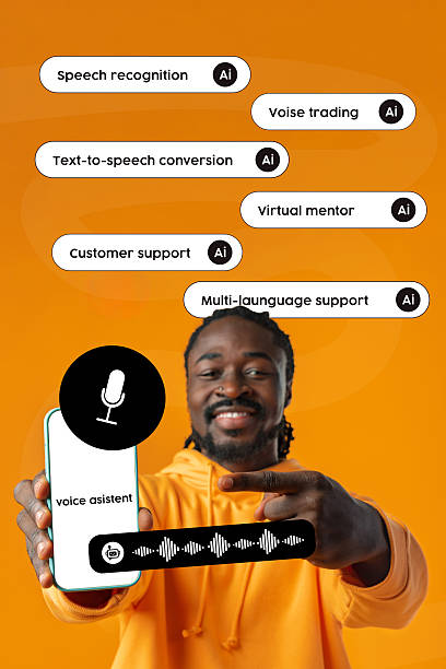 istock Innovative man showcases voice assistant technology with AI features in bright orange setting during a tech demonstration 2227340380
