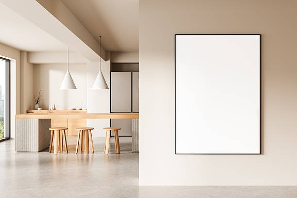 istock Modern interior with kitchen and large blank framed poster on beige wall in bright minimalist space for design or branding mockup presentation layout. 3D Rendering 2227342012