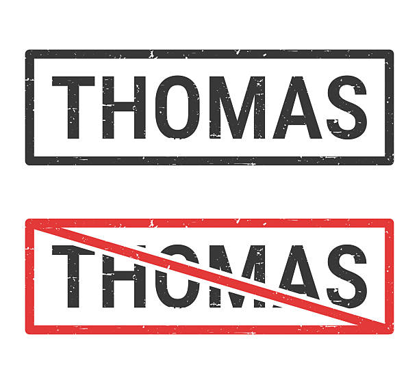 Thomas - Male first name. Rubber stamps for your own design, isolated on a blank background. The first stamp is in black ink. The second stamp is in red ink with the text in black. The text is crossed out with a red line, it is an exclusion or prohibition stamp. The rubber stamps have a slight grunge texture. Vector Illustration (EPS file, well layered and grouped). Easy to edit, manipulate, resize or colorize. Vector and Jpeg file of different sizes.