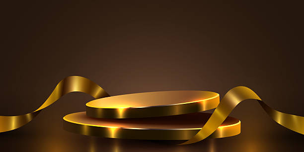 istock Podium scene background with golden ribbon. Winner stage pedestal or platform. 2227347542