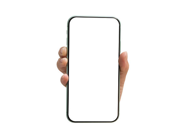istock Hand holding vertical smartphone with blank white screen isolated on white background for app mockup design 2227350773